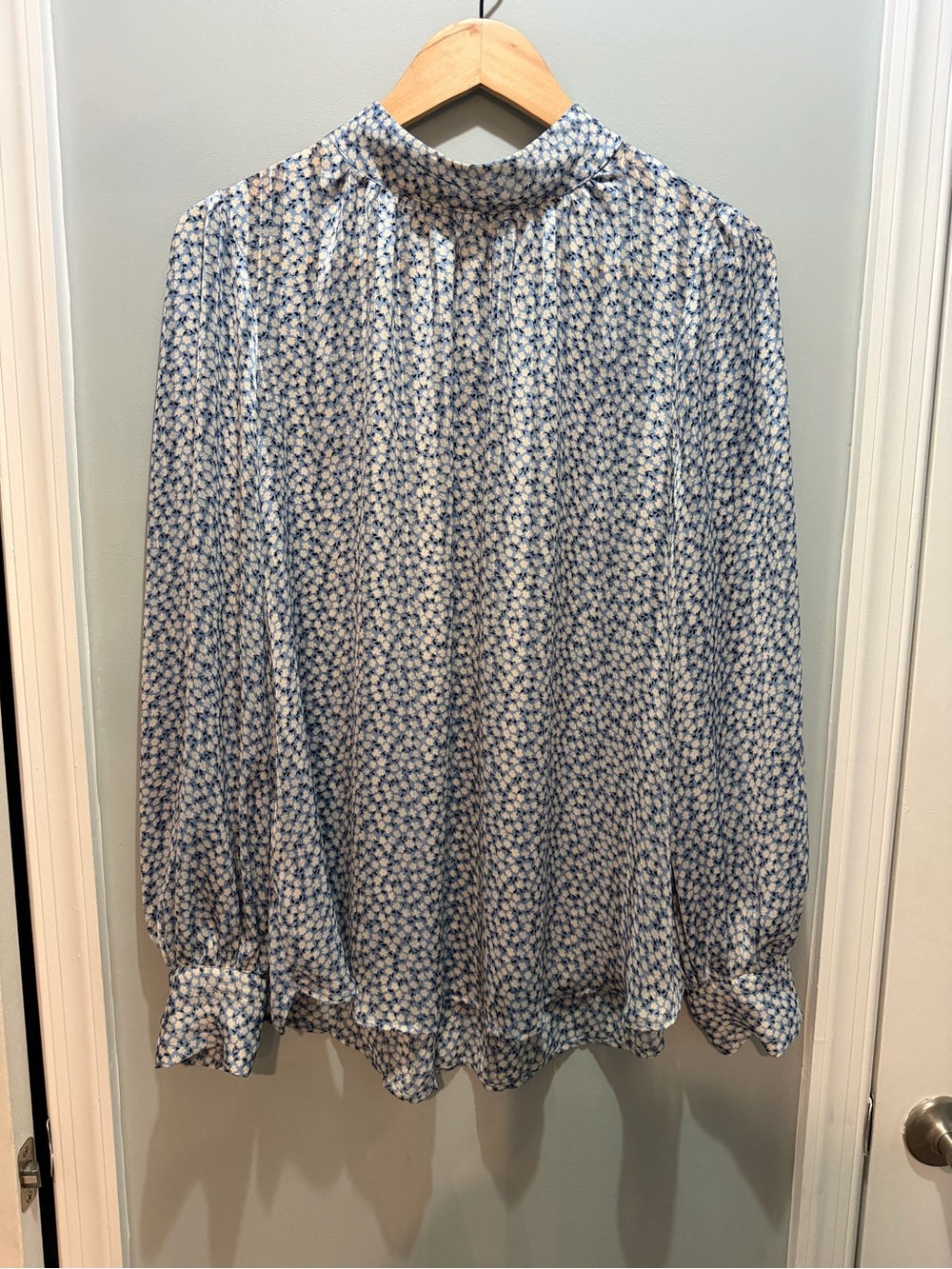 H&M Blue and White Floral-Print Long-Sleeve Blouse